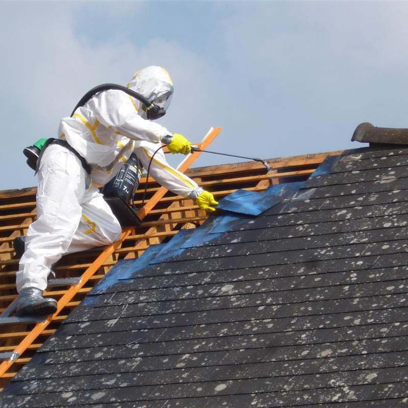 Ouvrier sur un toit d'habitation en cours de désamiantage